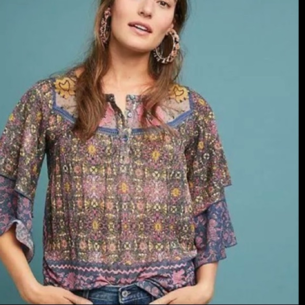 Anthropologie Post Stamp Ciutadella Pattern Blouse